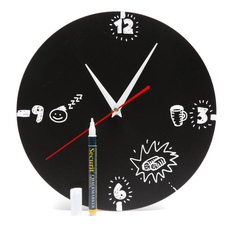 ENTINTADO - Pizarra Siluta Reloj,Negro + Rotulador De Tiza Blanco Y Bateria Inc
