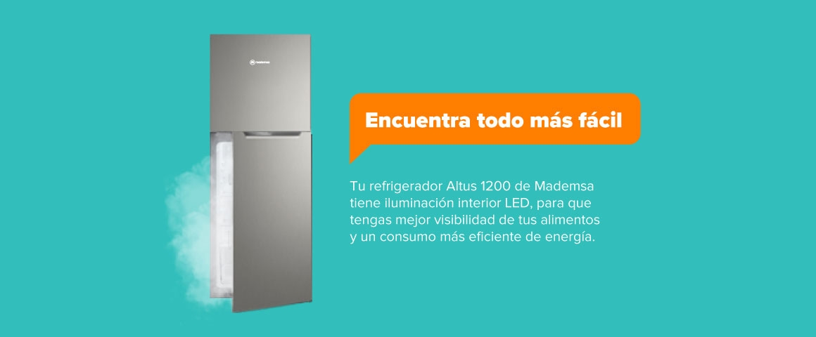 Encuentra todo más fácil. Tu refrigerador Altus 1200 de Mademsa tiene iluminación interior LED, para que tengas mejor visibilidad de tus alimentos y un consumo más eficiente de energía