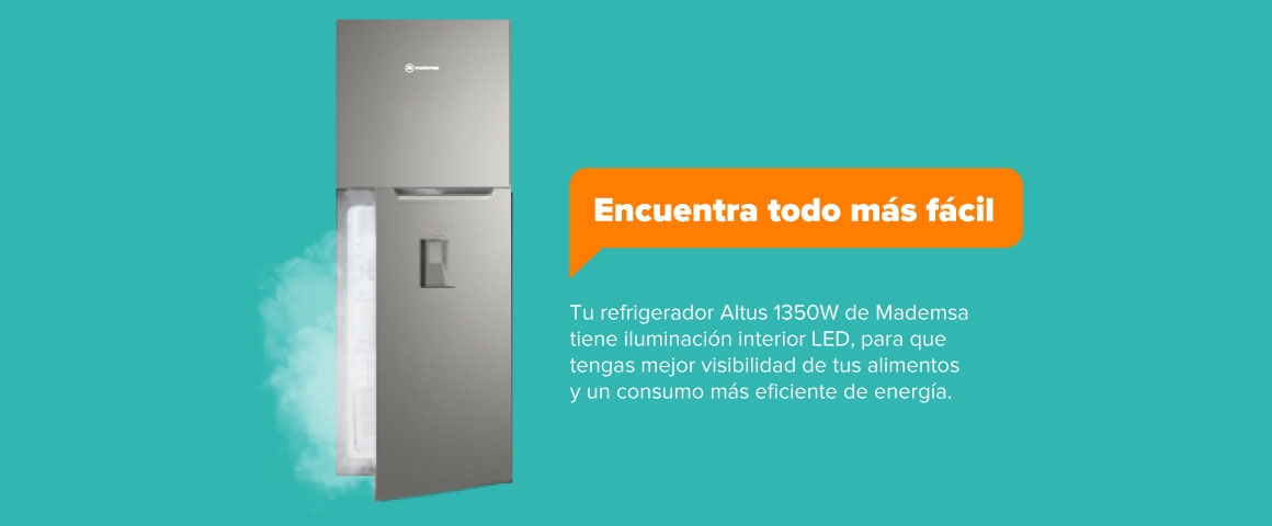 Encuentra todo más fácil. Tu refrigerador Altus 1350 de Mademsa tiene iluminación interior LED, para que tengas mejor visibilidad de tus alimentos y un consumo más eficiente de energía