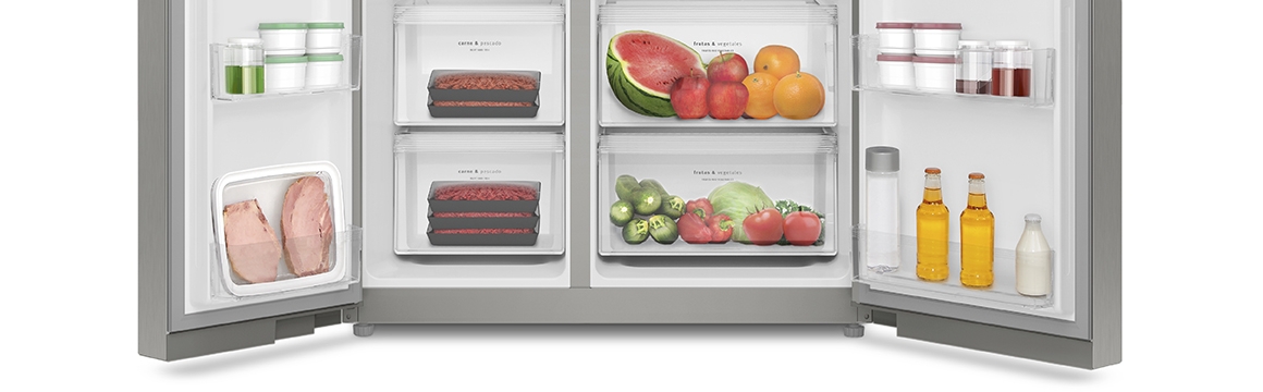 Gracias a la capacidad del refrigerador Fensa Side by Side SFX550 y su óptima distribución interior, podrás organizar tus alimentos y bebidas como quieras