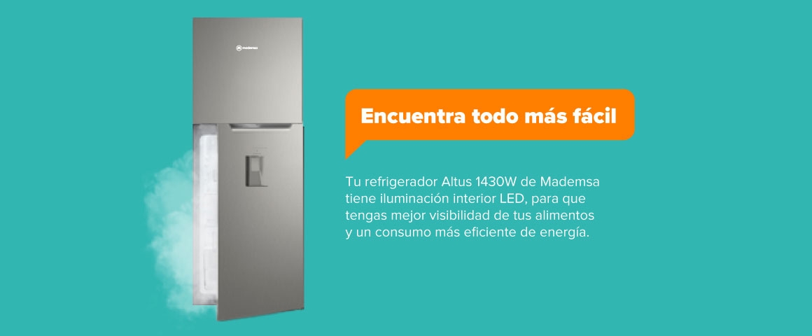Encuentra todo más fácil. Tu refrigerador Altus 1430W de Mademsa tiene iluminación interior LED, para que tengas mejor visibilidad de tus alimentos y un consumo más eficiente de energía