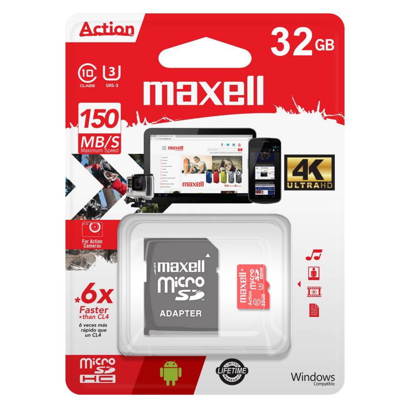 Maxell - Tarjeta Micro SD 32GB 4K con Adaptador Sd