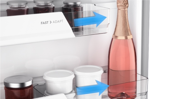 Fast adapt del refrigerador BFX70 de Fensa para guardar envases de distintos tamaños y organizar como quieras todos tus alimentos y bebidas sin preocuparte por el espacio.