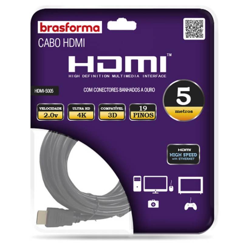 BRASFORMA - Cable HDMI 2.0.V 4K - 3D Ready - 5 mts