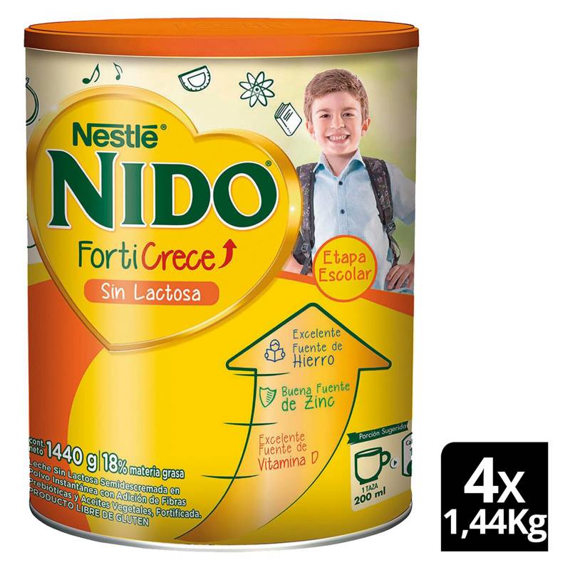 NIDO - Leche Nido Forticrece sin Lactosa 1.440G X4 Tarros