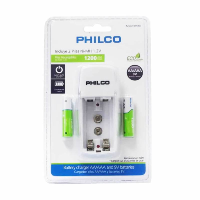 PHILCO - Cargador Pilas + 2 pilas AAA Philco 1200mha