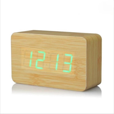 Reloj despertador digital cuadrado de madera para dormitorios, luz LED,  control de voz, decoración para el hogar, figura verde de madera marrón