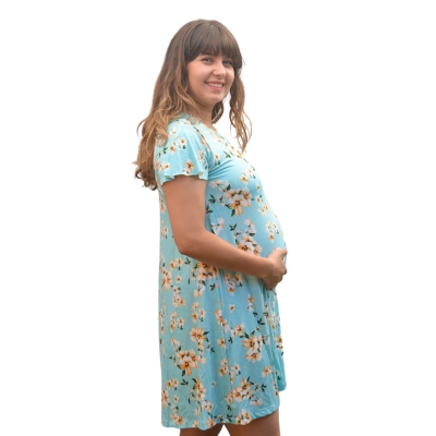 MITIMA Vestido Maternal y Lactancia Estampado Floreado Celeste