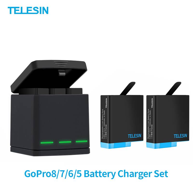 TELESIN - Cargador Triple + 2 Baterias Para Gopro Hero 5 6 7 8 Black