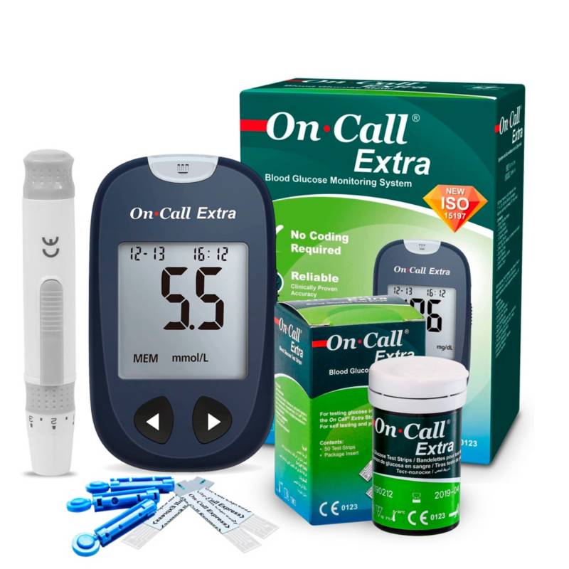 ON CALL Glucómetro Medidor de Glucosa On Call Extra 60 Cintas y 10 Lancetas