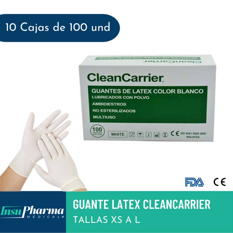 CLEANCARRIER - Pack 10 Cajas de Guantes CleanCarrier Latex Blanco Talla S