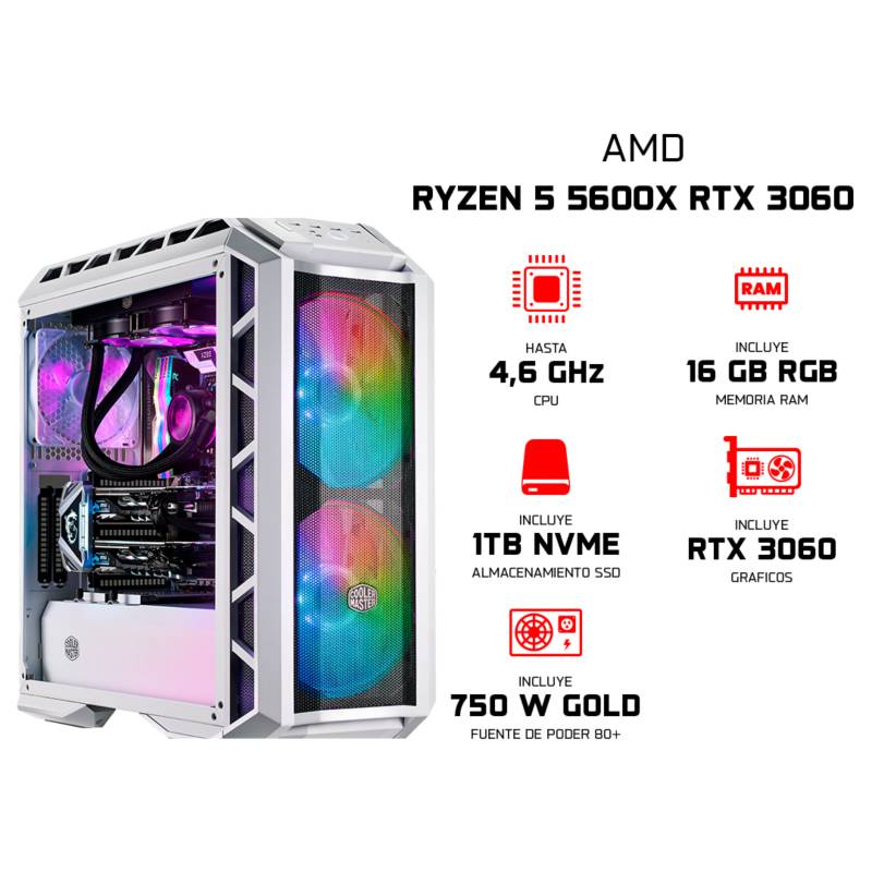 RYZEN - PC Gamer - AMD RYZEN 5600X - RTX 3060 12GB, 16GB RAM RGB 3200MHz, 750W GOLD Modular, 1000GB SSD NVME M.2