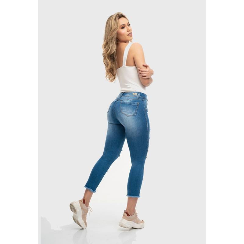 FASCINATE Jeans Mujer Levanta Cola Azul Rasgados Fascinate