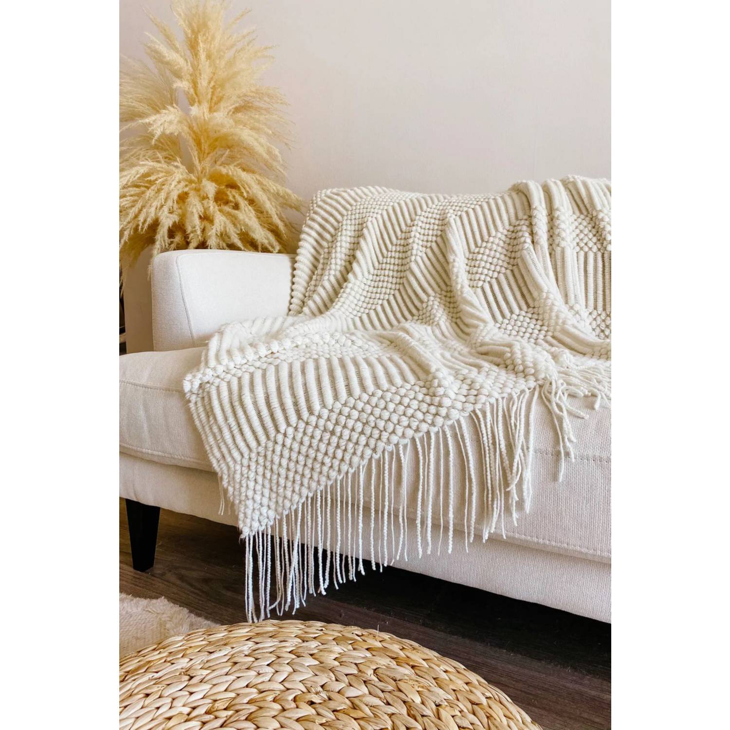 Manta 100% lana merino con flecos, tamaño 140x200cm, diseño twill  habano/cielo melange