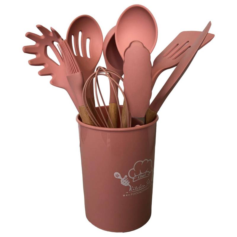 GENERICO SET 12 UTENSILIOS DE COCINA SILICONA ROSADO