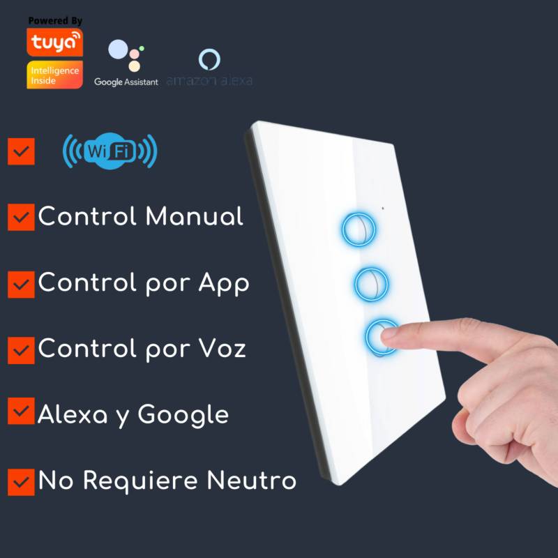 Interruptor Inteligente 3 canales Sin Neutro Tuya Smart - Blanco