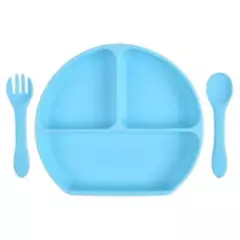 GENERICO - Plato de silicona con ventosa cuchara y tenedor azul