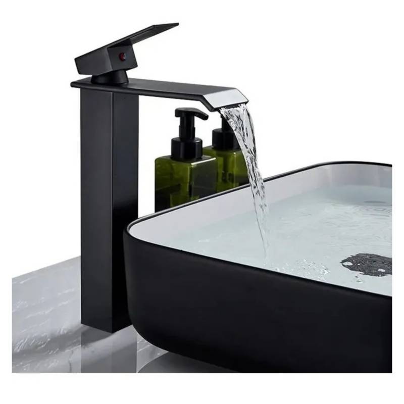 Grifo de lavabo de baño de estilo fino, grifo de agua fría caliente,  cascada, montado en cubierta, negro mate A, tamaño único