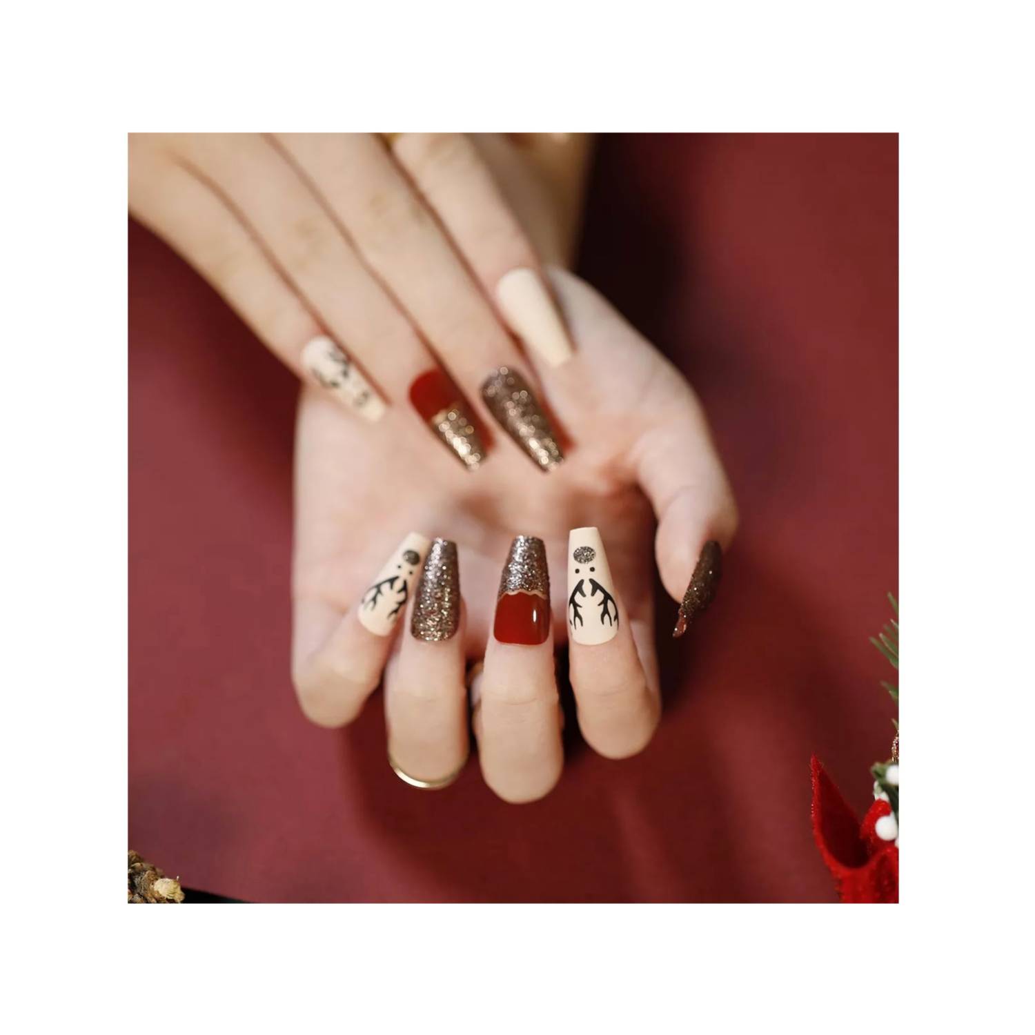 GENERICO Press On Manicure Kit Uñas Postizas Con Diseños Navidad N12 |  