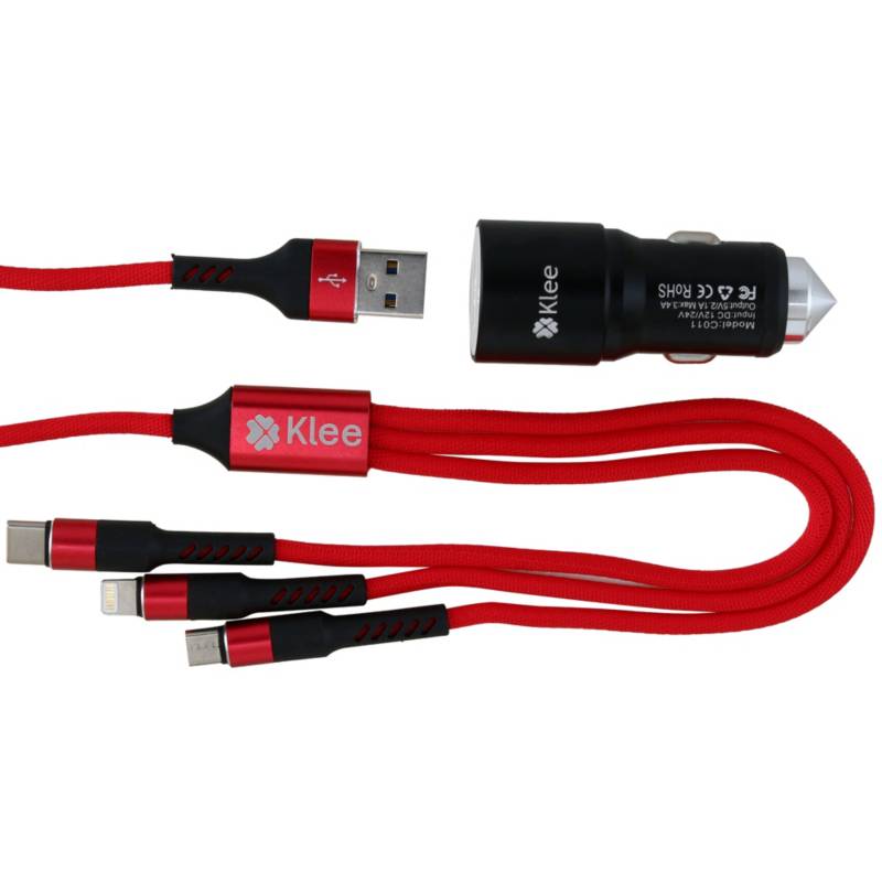 KLEE Cargador Auto Dual USB Cable USB Triple Salida