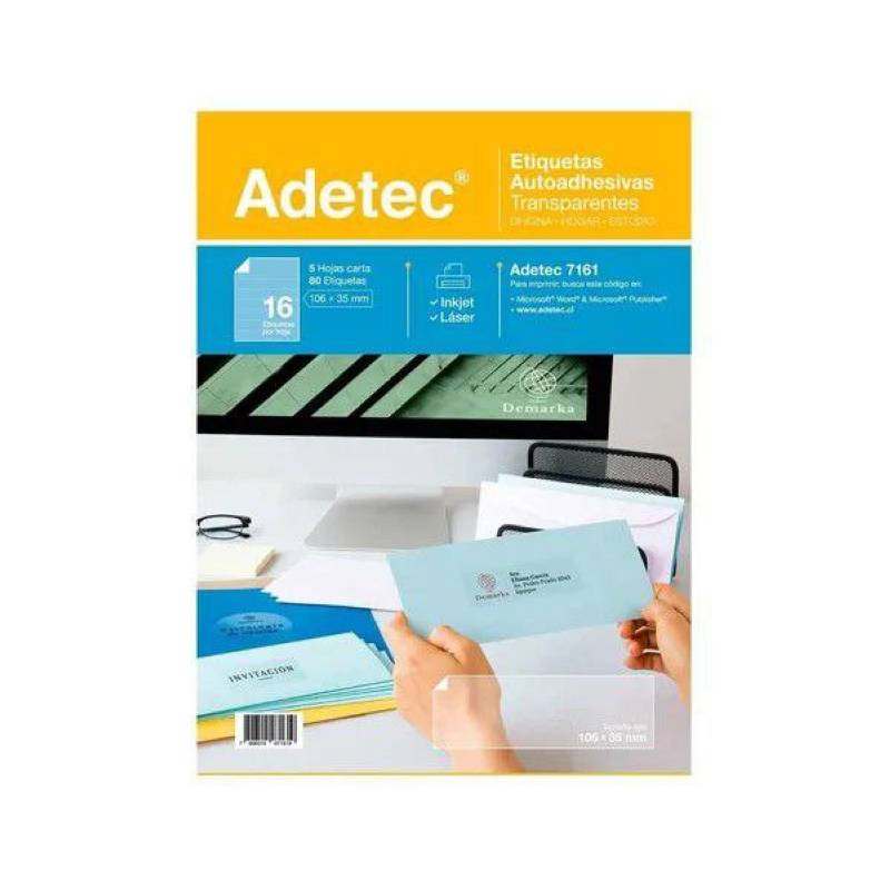 ADETEC - 80 Etiquetas Adhesivas Inkjet/laser 106x35 Transparente