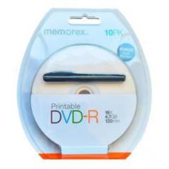 MEMOREX - Pack 10 Unidades Dvd-r Memorex 16x Imprimible 4.7gb C/lápiz