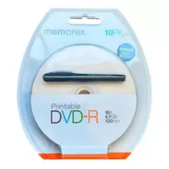 MEMOREX - Pack 10 Unidades DVD-R Memorex 16X Imprimible 4.7 GB C/Lápiz