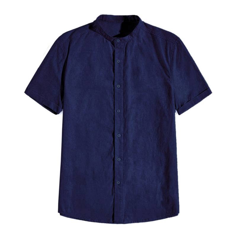 MILLAM Camisa de Lino Manga Corta Hombre Cuello Mao Azul 
