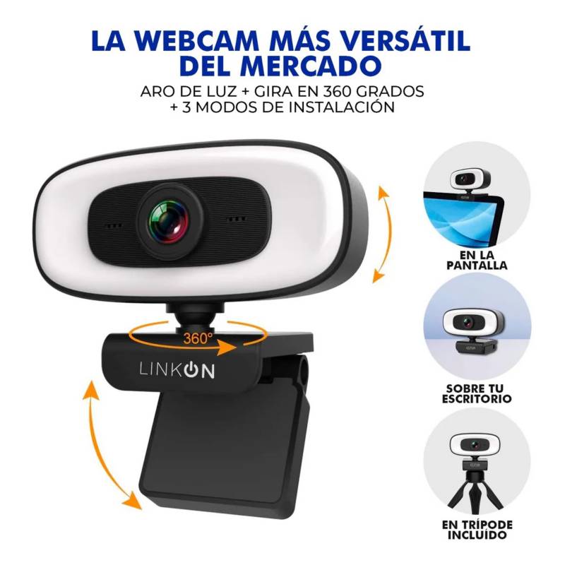 MALIK - Webcam Camara Web 2k Aro De Luz Microfono Tripode Cubrelente