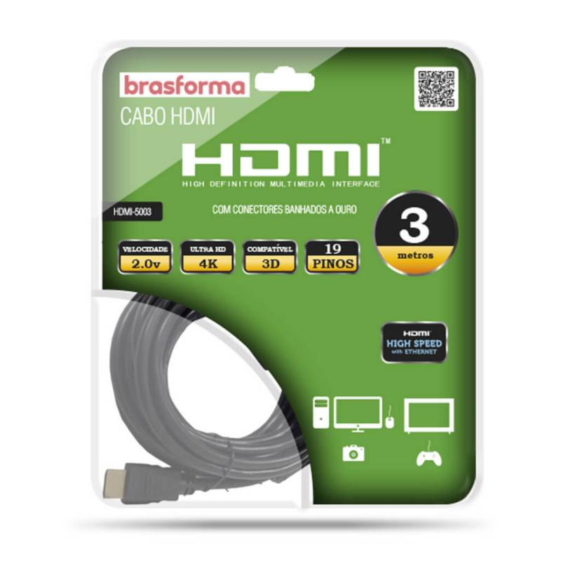 BRASFORMA - Cable  HDMI  2.0.V  4K - 3D Ready -  ARC - HDR - 3 metros