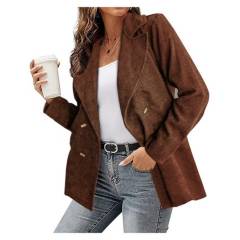 GENERICO - Chaqueta de pana para mujer abrigo de bolsillo con solapa botón-marrón