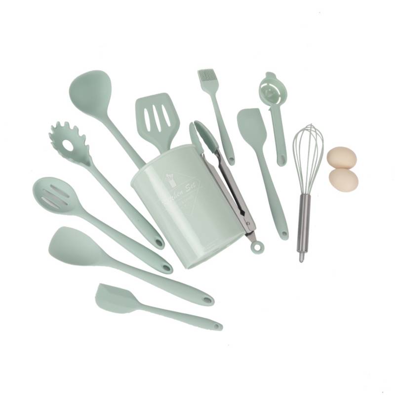 GENERICO Juego Utensilios de cocina silicona con madera 10 pcs Verde