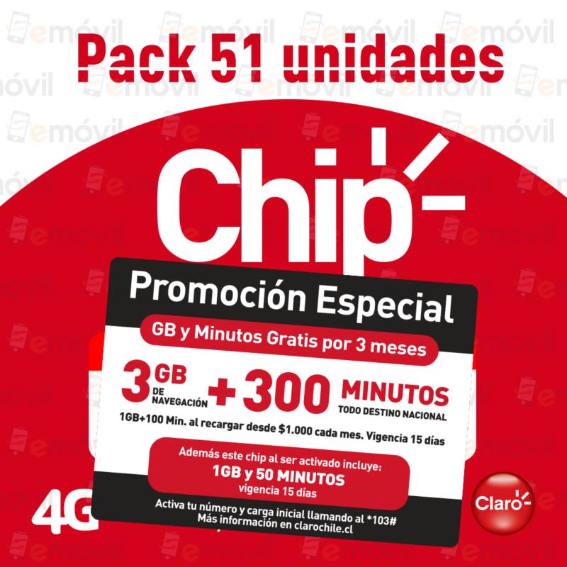 CLARO - Pack de 51 Chip Claro 3gb + 300 minutos.