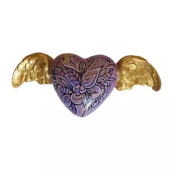 CREA TALLER - Corazón alado decorativo de cerámica pintado a mano morado