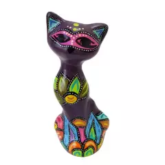 CREA TALLER - Gato decorativo de cerámica pintado a mano Morado