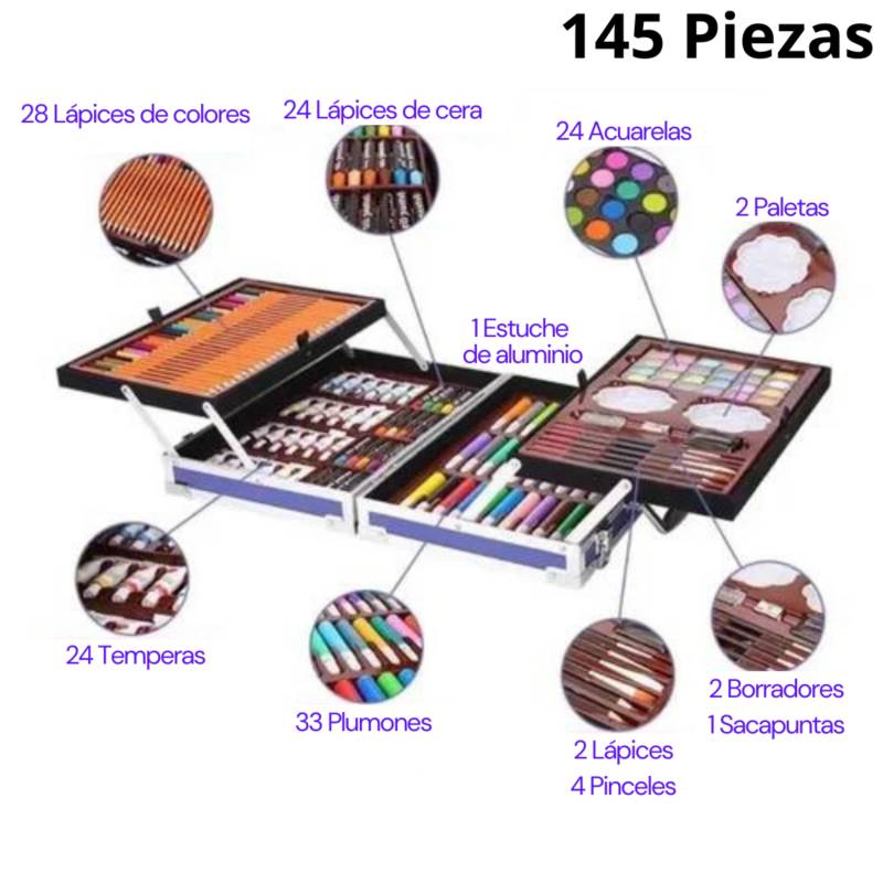 GENERICO Kit De Arte 145 Piezas 2 niveles con Estuche de Aluminio