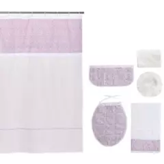 GENTILE - Cortina y Set de baño 7 piezas 180 x 180 cms blanco flores rosadas