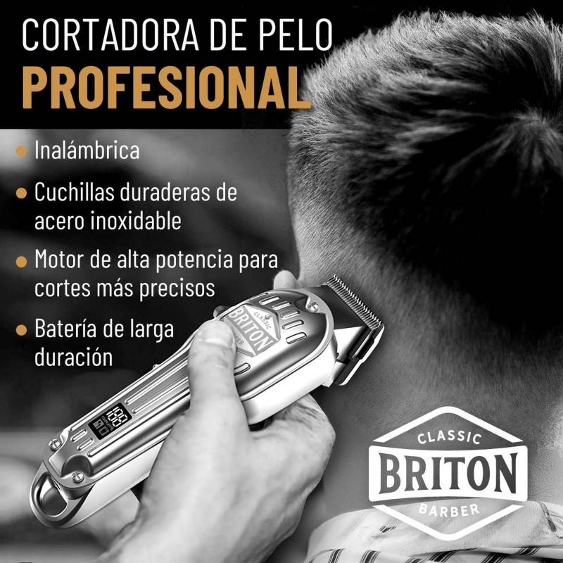 BRITON BARBER Maquina Cortar Pelo Afeitadora Inalambrica Briton + Kit Pro -  Plateado - Talla única