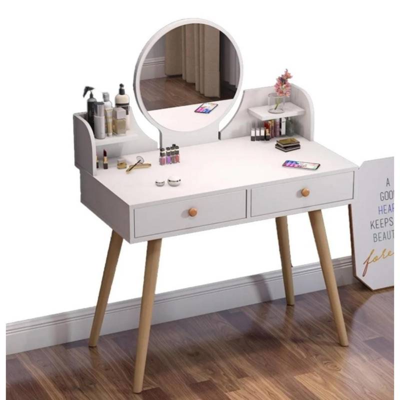 mueble tocador 2 cajones con taburete y espejo blanco