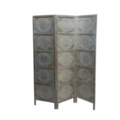 NECTAR - Biombo de madera tallada 3 paneles blanco decapado 150 x 180 cm