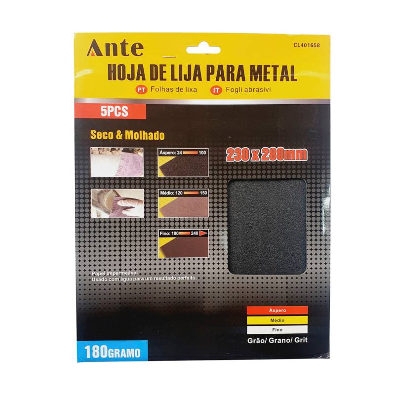 ANTE - Pack 10 Hoja De Lija Para Metal 180gr. 230 X 280mm