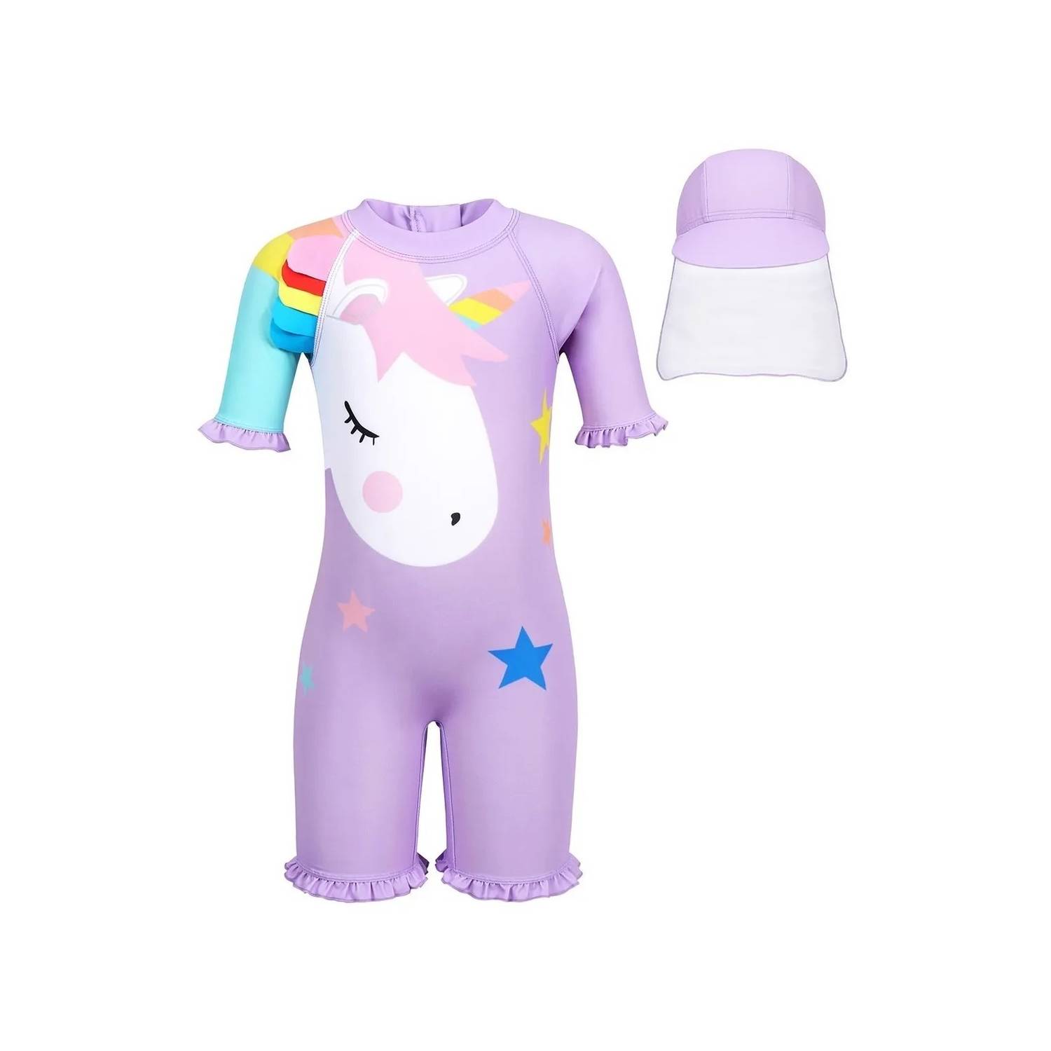 Traje De Baño Niña Unicornio + Gorro Natacion + Gorro Sol