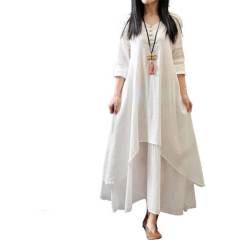 VATYERTY - Vestido algodón lino transpirable corte ajustado largo-blanco