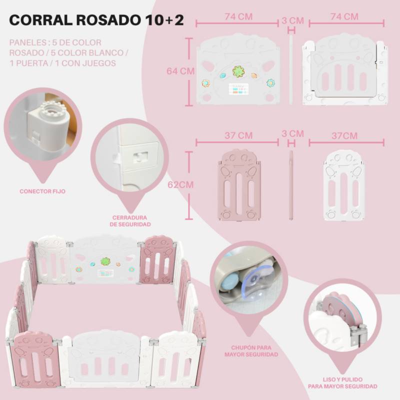 Corral para bebe modelo 8+2 paneles rosado - Asiaimportchile