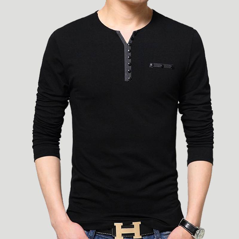 GENERICO Camisetas manga larga algodón v-cuello para hombre-negro.