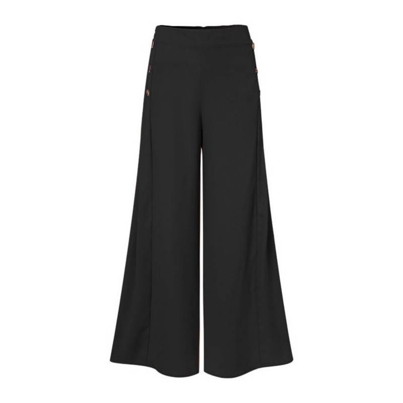 GENERICO Pantalones anchos de cintura alta elásticos con botones para  mujer-negro.