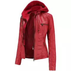 BLWOENS - Chaqueta de cuero PU sintética con capucha para mujer-Rojo