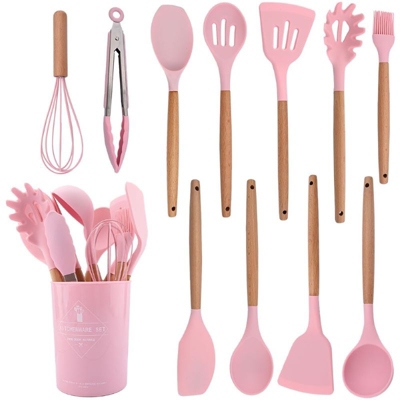 GENERICO Set 12 Utensilios Cocina Mango Silicona Y Madera Repostería Negro