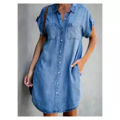 GENERICO - Vestido de mezclilla de manga corta de talla grande -azul