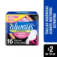 ALWAYS - Pack 2 Toallas Higiénicas Always Nocturna Ultrafina 16un
